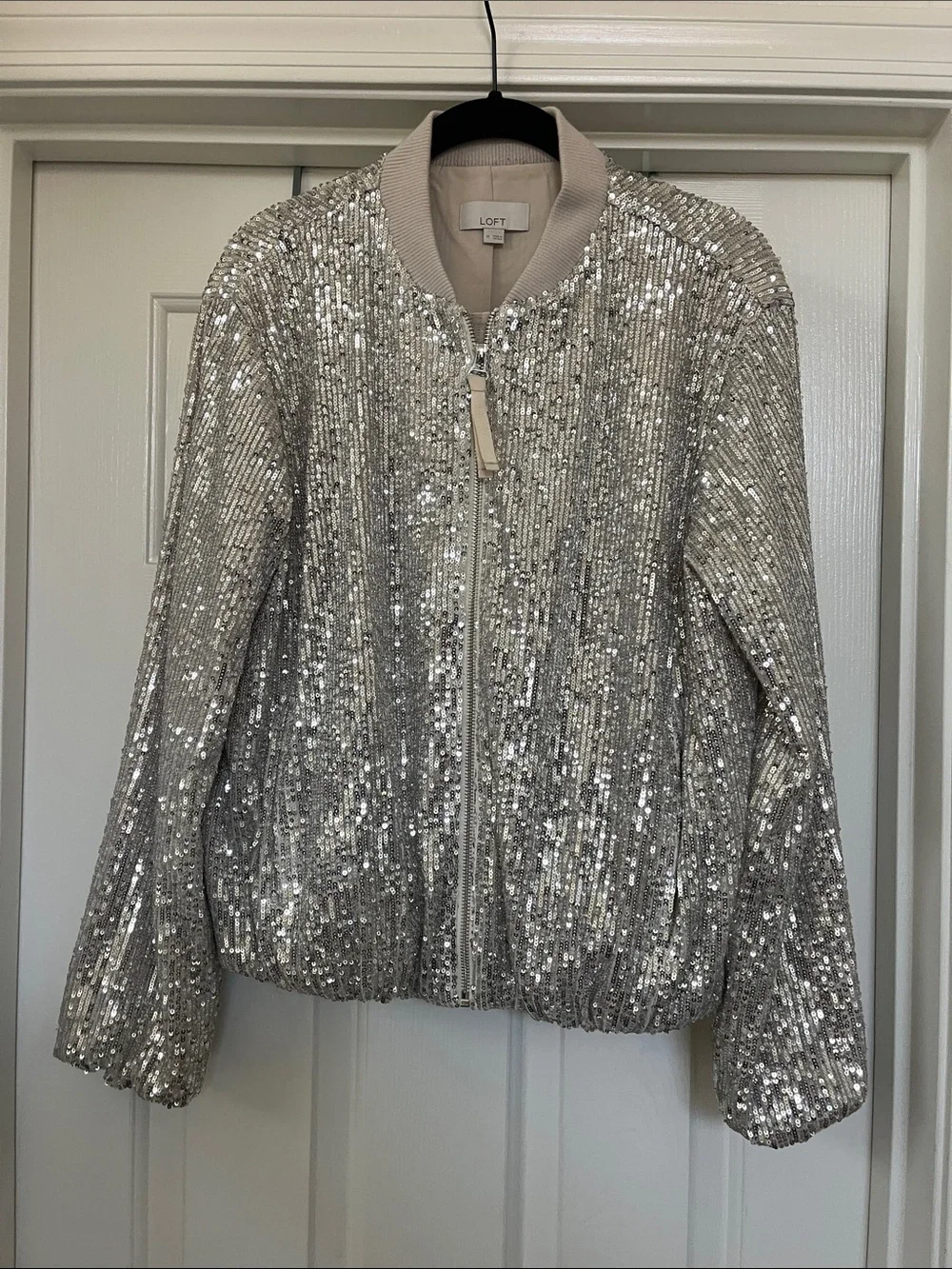 LOFT Silver Sequin Bomber with Ribbed Trim